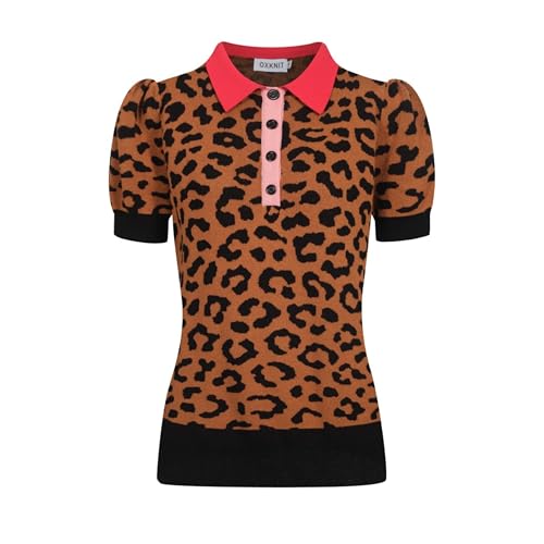 OXKNIT Women's Knit Polo Shirts Short Sleeve, 1960s Mod Style Vintage Leopard Print Brown Tops with Quarter Button
