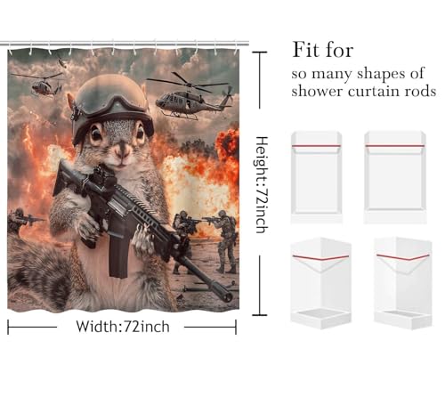 Image of Funny Shower Curtain, Funny Squirrel Helicopter Animal Shower Curtains for Bathroom, Fun Cute Kids Bathroom Decor Shower Curtain, with Hooks 72x72 Inch