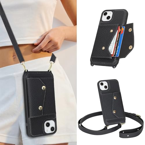 Jaorty Genuine Leather Wallet Case for iPhone 15 with Strap 6.1 Black