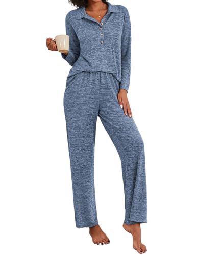 Ekouaer Conjunto de pijama de 2 piezas de punto de manga larga con botones para mujer, ropa de dormir suave, conjuntos de descanso S-XXL, Azul marino, M