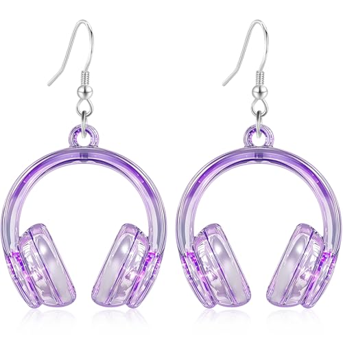 JIUIQL Handmade Unique Acrylic Headphone Dangle Drop Earrings Chic DJ Music Headset Hook Earrings For Women (Purple)