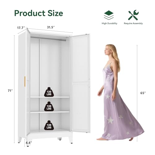 Image of Metal Wardrobe Closet with Doors and Shelves, 71 inch Farmhouse Bedroom Armoire with Hanger Rod and Clothing Shelf, White Steel Wardrobe Cabinet Storage Clothes Closet