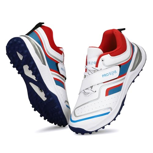 Image of PRO KVH Plus 2.0 Cricket Shoes for Men's White Red Orange Blue - Fast Strap Rubber Spikes, Lightweight,Performance, Comfort, and Durability Shoe for All-Round Performance
