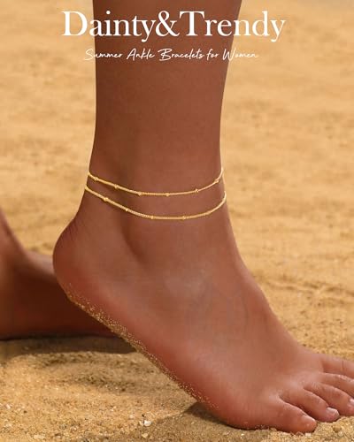 Image of FUNEIA Gold Silver Ankle Bracelets for Women Waterproof 14K Gold Plated Anklets for Women Non Tarnish Dainty Layered Beaded Heart Anklet Set Summer Beach Foot Chain Jewelry Gifts Trendy Stuff