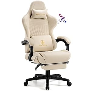 GTPLAYER Gaming Chair, Computer Chair with Footrest and Bluetooth Speakers, High Back Ergonomic Music Gamer Chair, Reclining Game Chair with Linkage Armrests for Adults and Kids (Ivory)