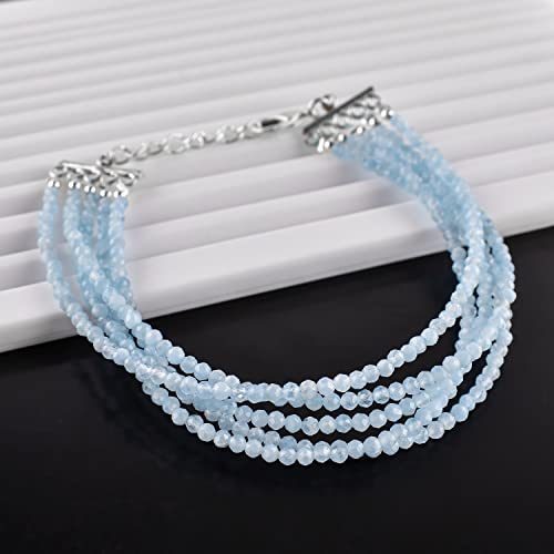 Zembience Natural Aquamarine Gemstone Layered Bracelet, Micro Faceted Beads 5 Strand, Healing Crystals, Silver Plated, Adjustable, Minimalist, Women Jewelry, March Birthday, Christmas Gift, 8" #TOP17
