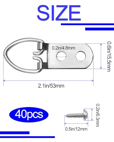 Image of 40 Pcs D-Ring Steel Picture Hangers, Heavy Duty Double Holes Paintings Hook