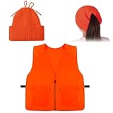 Fingertip WD 2 PCS Orange Hunting Vest for Women Men, Orange Hunting Vest with Hunting Hat Knit Beanie Cap for Outdoor Sports, Fishing, Traffic, Hunting Hiking