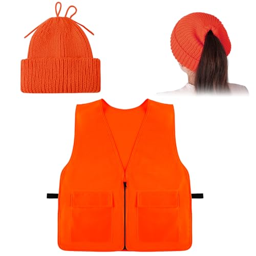 Fingertip WD 2 PCS Orange Hunting Vest for Women Men, Orange Hunting Vest with Hunting Hat Knit Beanie Cap for Outdoor Sports, Fishing, Traffic, Hunting Hiking