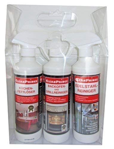 Preisvergleich Produktbild CleanPrince Küchenpflegeset je 500ml Backofen- und Grillreiniger, Küchen-Fettlöser, Edelstahlreiniger KÜCHEN-FETTLÖSER: Fettablagerungen, Entfetter, lackiertes Holz, Arbeitsplatten, Küchenfronten, Edelstahl, Kunststoff, Sgrassatore universale Disinfettante EDELSTAHL-REINIGER: poliertes und mattes Edelstahl, schlierenfrei, rückstandsarm, speziell für die Gastronomie BACKOFEN- & GRILLREINIGER: Backofenreiniger Grillreiniger Ofenreiniger Grillrostreiniger