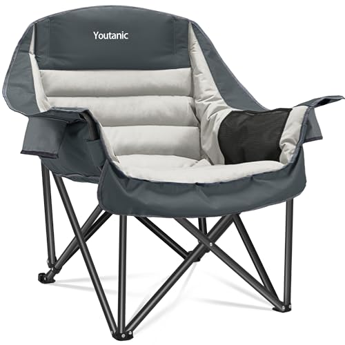 Oversized Camping Chair, Portable Folding Camping Chairs with Side Pocket, Cup Holder and Carry Bag, Heavy Duty Outdoor Camping Chairs for Adults, Fis