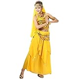Xinvivion 4 Piezas Mujer Señoras Danza del Vientre Profesional Conjunto de Vestuario Danza India Rendimiento Outfit Traje (Amarillo,Ajuste 35-45 KG)