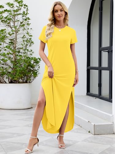 Image of Heymoments Womens Summer Maxi Dress Short Sleeve Casual Loose Long T Shirt Split Vacation Beach Sundress with Pockets