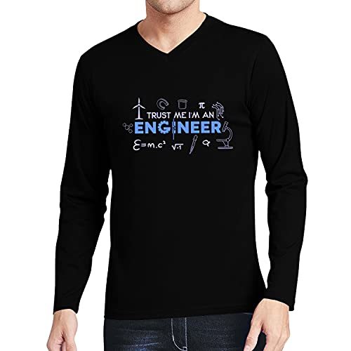 Image of Men's Regular Fit I Am Engineer Cotton Printed V Neck Full Sleeves Black & White T Shirt. Trending, Trendy,Pootlu, College Tshirts