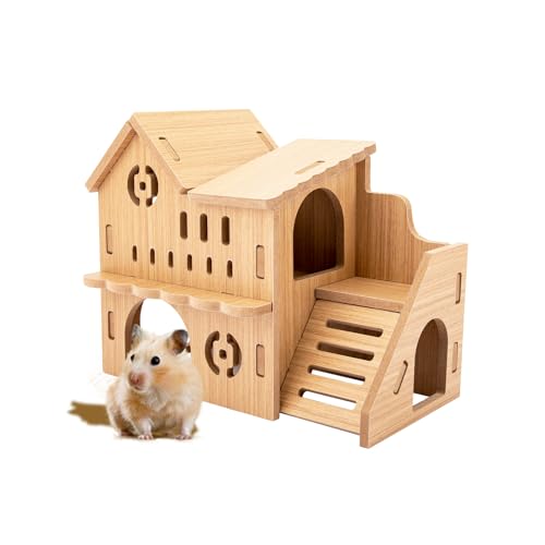 Natural Wood Hamster Cage Accessories, Maze Cabin with Fun Slide & Double-Decker House, Exercise Toys for Dwarf Hamsters, Gerbils, Mice, and Other Small Animals(Only for Small Hamster B)