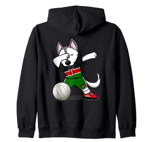 Dabbing Husky Dog Kenya Volleyball Fans Jersey - Kenyan Flag Zip Hoodie