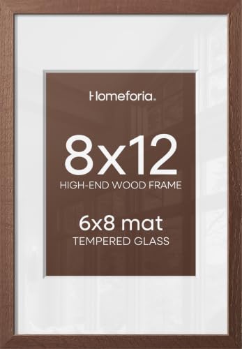 Image of Homeforia 12x8 Picture Frame Brown, High End Dark Oak 8x12 Walnut Wooden Frames with Mat 6x8 Photo, 8 x 12 Wood Frame Matted to 6 by 8 Print, Wall or Tabletop Frame, Tempered Glass, Wall Kit, Set of 2
