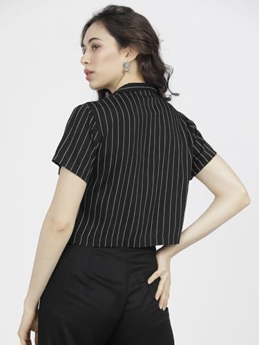 Image of Tokyo Talkies Women's Striped Double-Breasted Rayon Regular Fit Crop Top | Short Sleeves | Chic & Trendy| Women Tops | Stylish Top