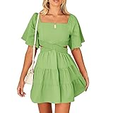 Shy Velvet Womens Square Neck Criss Cross Pleated Flowy Dress Solid Color Backless Hollow Out Mini Dresses