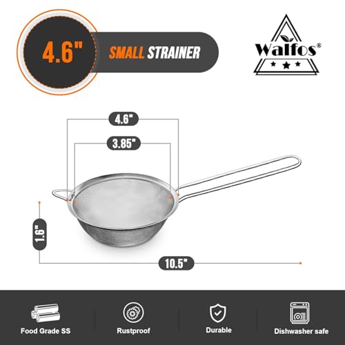 Walfos 4.6 Inch Fine Mesh Strainer, Premium Stainless Steel Colanders and Sifters, with Reinforced Frame and Sturdy Handle, Perfect for Sift, Strain, Drain and Rinse Vegetables, Pastas and Tea