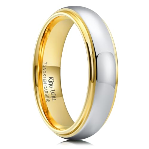 King Will 6mm Tungsten Ring for Men Women Gold/Rose Gold Silver Two-Tone Wedding Band - Engagement Ring for Couples, Domed Polished Finish, Step Edge, Comfort Fit, Size 7-12, Jewelry Box Included