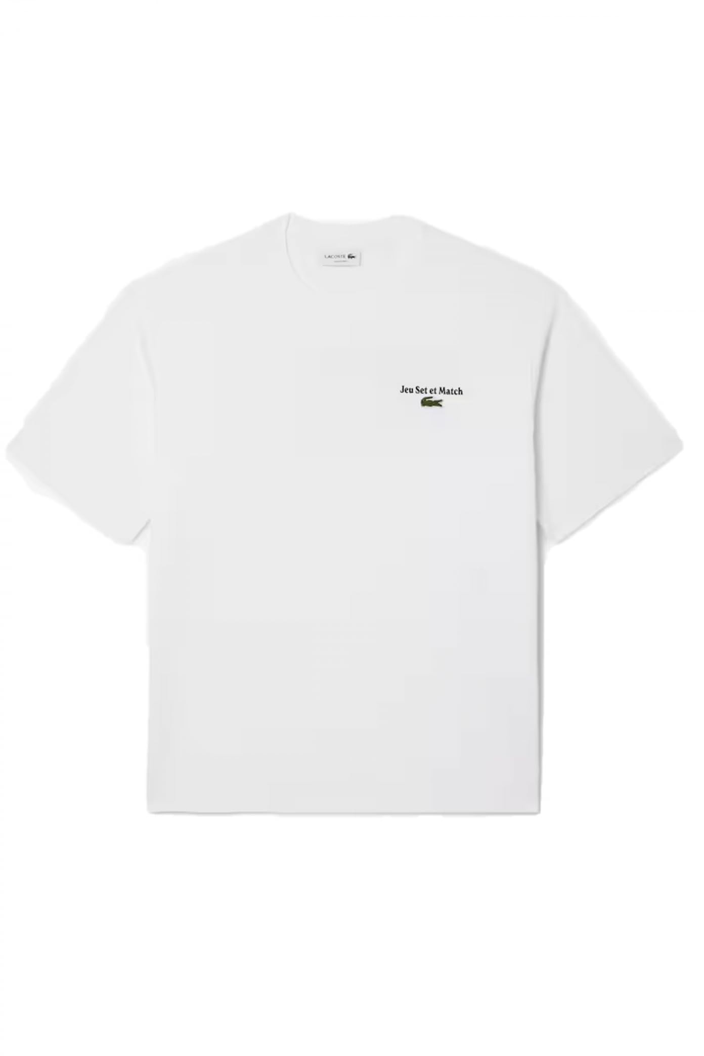Lacoste Camiseta Blanca Jeu Set et Match, Algodón Orgánico, Corte Holgado, Manga Corta, Estampado Gráfico con Cocodrilo Bordado, Hombre
