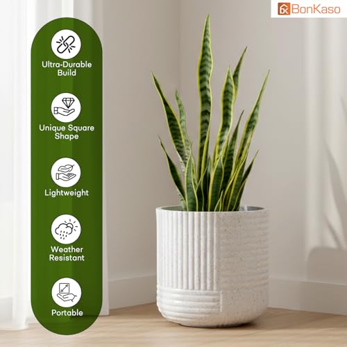 Image of Bonkaso 15 Inch Ribbed Planter Pot for Indoor & Outdoor Use | Round Heavy Duty Polymer Flower Pot | Lightweight Weather Resistant Modern Gamla for Living Room Balcony & Terrace (White)