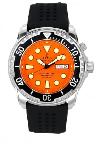 RATIO FreeDiver Helium-Safe Dive Watch Sapphire Crystal Automatic Diver Watch 1000M Water Resistant Diving Watch for Men (Orange)