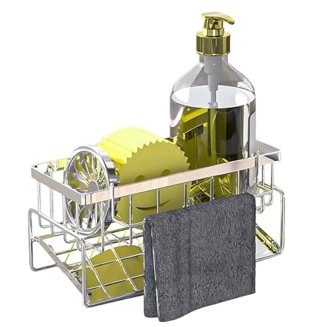 Sponge Holder for Kitchen Sink, Sink Caddy Organizer,Kitchen Essentials for Countertop-Self Drain Sponge Rack,Soap Dispenser Storage,Rustproof Stainless Steel,High Brush Holder,Grey