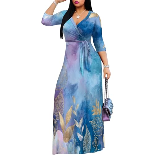 Image of SUZONANA Plus Size Dresses for Women Floral Print Maxi Dress Flowy 3 /4 Sleeve with Belt