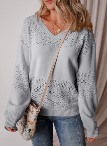 Image of SHEWIN Women's Sweaters Casual Long Sleeve V Neck Crewneck Lightweight Crochet Pullover Sweater Tops