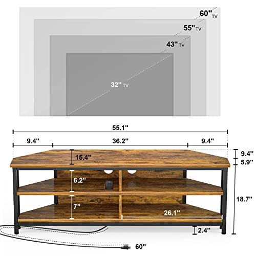 Unikito 55 Inch Corner Tv Stand With Power Outlet, Corner Entertainment Center Tv Media Console Table With 4 Open Storage Shelve For Living Room, Bedroom, Industrial 60'' Corner Tv Stand, Rustic Brown #TOP4