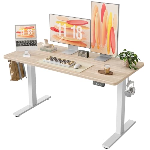 Image of TIQLAB 55 * 24 Inches Electric Standing Desk, Adjustable Height Stand up Desk, Sit Stand Home Office Table with Splice Board, Light Walnut