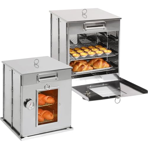 REDCAMP 2 Pcs14"H Foldable Camping Oven with 2 Tier Grill, Stainless Steel Portable Camping Stove for Baking Cinnamon Rolls, Breads and Muffins with Wood Burning Fire,Propane Stoves,Campers,BBQ