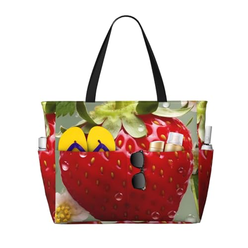 Beach Bags For Women Large Waterproof Sandproof Beach Tote Bag Lightweight Zipper Carry On Bag Lovely Strawberry Pool Bag For Gym Travel Vocation