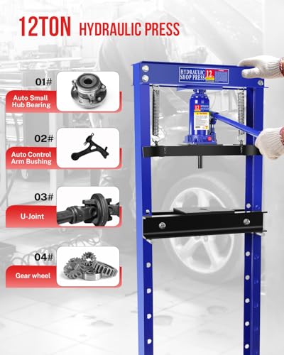 Hydraulic Press, 12 Ton H-Frame Garage Floor Adjustable Shop Press with Stamping Plates to Bend, Straighten, Or Press Parts, Install Bearings & U-Joints