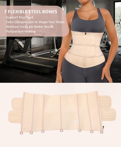 Image of FeelinGirl Waist Trainer for Women Belly Fat Long Torso Sauna Workout 2 Belt With Zipper 7 Steel Bones Corset