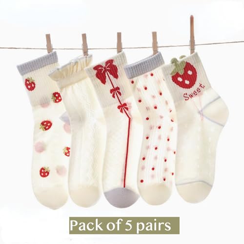Girls' Summer Thin Cotton Mesh Socks 5 Pairs, 3-16 Years Olds Cute Cartoon Strawberry Bunny Cat Mid-calf Socks2