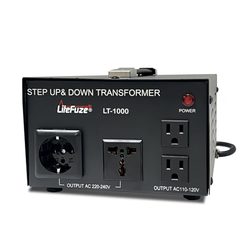 LiteFuze Convertidor de Voltaje de la Serie LT de 1000 W, Transformador para Subir y Bajar – 110 V a 220 V/220 V a 110 V, Cable Totalmente Conectado a Tierra, Enchufe Universal, Certificado CE