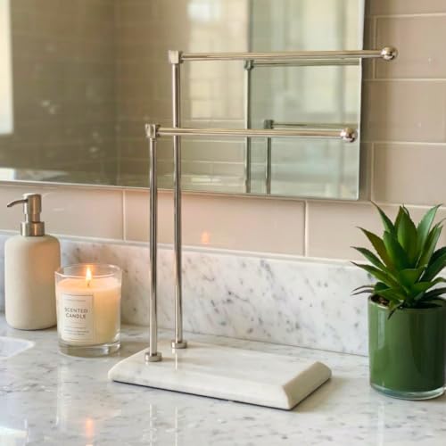 Image of MASON HOME Melrose Hand Towel Stand - White & Silver 1pc |Heavy Marble Base | Easy to Use | Bathroom - Kitchen - Bedroom - Washbasin | Towel - Kitchen Roll - Paper Towel | Decor | Organizer | Stand