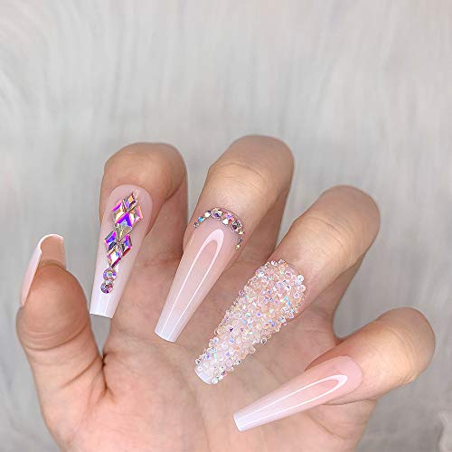 Artquee 24Pcs French Nude White Ballerina Flash Diamond Crystal Long Glossy Coffin Flash Fake Nails Press On Nail False Tips Manicure For Women And Girls #TOP3