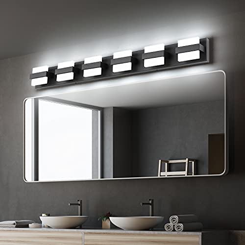 Image of SOLFART 6 Lights Black Vanity Light LED Bathroom Modern Vanity Lights Over Mirror Black Bathroom Light Fixtures 41 inch White Light Dimmable