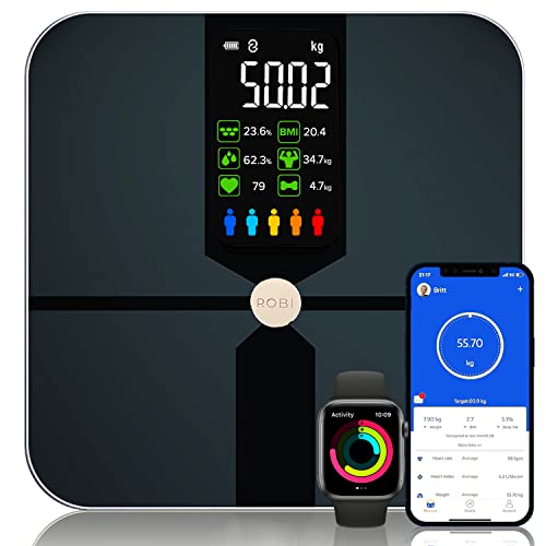 Robi S9 Personenweegschaal - Lichaamsanalyse slimme weegschaal, lichaamsvetmonitor, BMI, spiermassa, vochtpercentage, digitaal gewicht badkamerweegschaal, app-synchronisatie