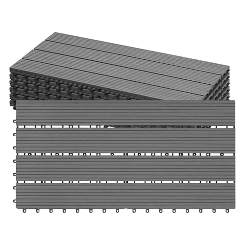 Laneetal Dalle de Terrasse WPC Emboîtable, Lot de 12 Carreaux de Sol Extérieur à Clipser pour Patio, Terrasse, Balcon, Piscine, 30x60 cm, Marron Clair