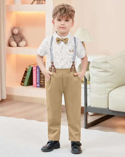 Image of YALLET Toddler Baby Boy Clothes Suit Gentleman Wedding Outfits Formal Dress Shirt+Bowtie+Suspender Pants