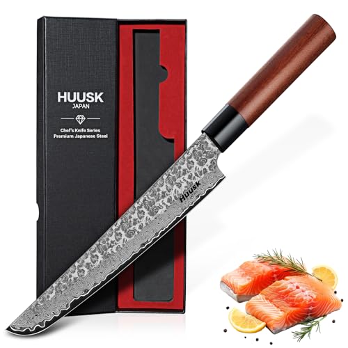 Image of Huusk 8 inch Japanese Gyuto Chef Knife with Rosewood Handle, Sharp Sushi Knife | Hand Forged VG10 Damascus Pattern, Japanese Kitchen Knives for Meat, Fish, Vegetables, Home Cooking Gifts for Men