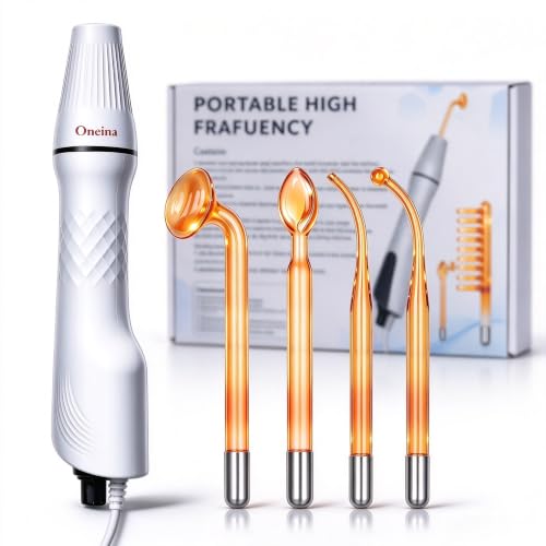 High Frequency Skin Therapy Wand, 4 Interchangeable Neon‑Argon Heads, Salon‑Grade At‑Home Facial Device for Wrinkle Reducing, Skin Tightening, Acne & Scalp Care