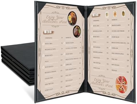 Restaurant Menu Covers Holders 8.5 X 11, 5 Pack 2 View Synthetic Leather Menu Holder Covers Book Style with Angled Corners Black for Wine List, Certificate Organizer Diploma Holder (2 Page)
