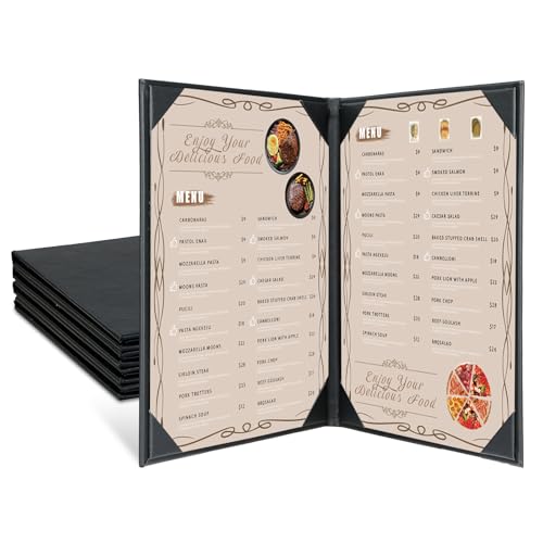 Image of Restaurant Menu Covers Holders 8.5 X 11, 5 Pack 2 View Synthetic Leather Menu Holder Covers Book Style with Angled Corners Black for Wine List, Certificate Organizer Diploma Holder (2 Page)
