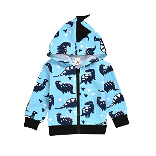 Toddler Baby Boys Girls Hooded Sport Sweatshirt Coat Tops Windproof Long Sleeve Cartoon Dinosaur Zip Outwear Jacket Fineser (Blue, 2-3 Years(110))